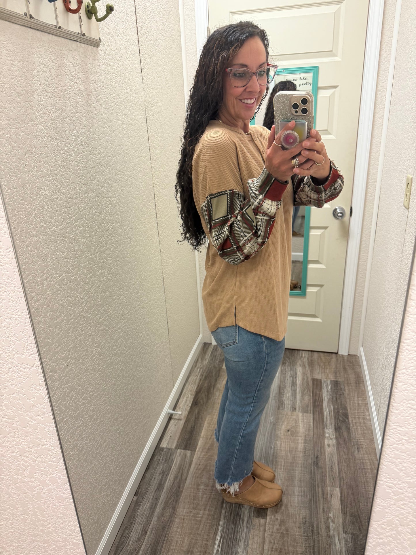 Patsy Plaid Sleeve Long Sleeve Henley Top