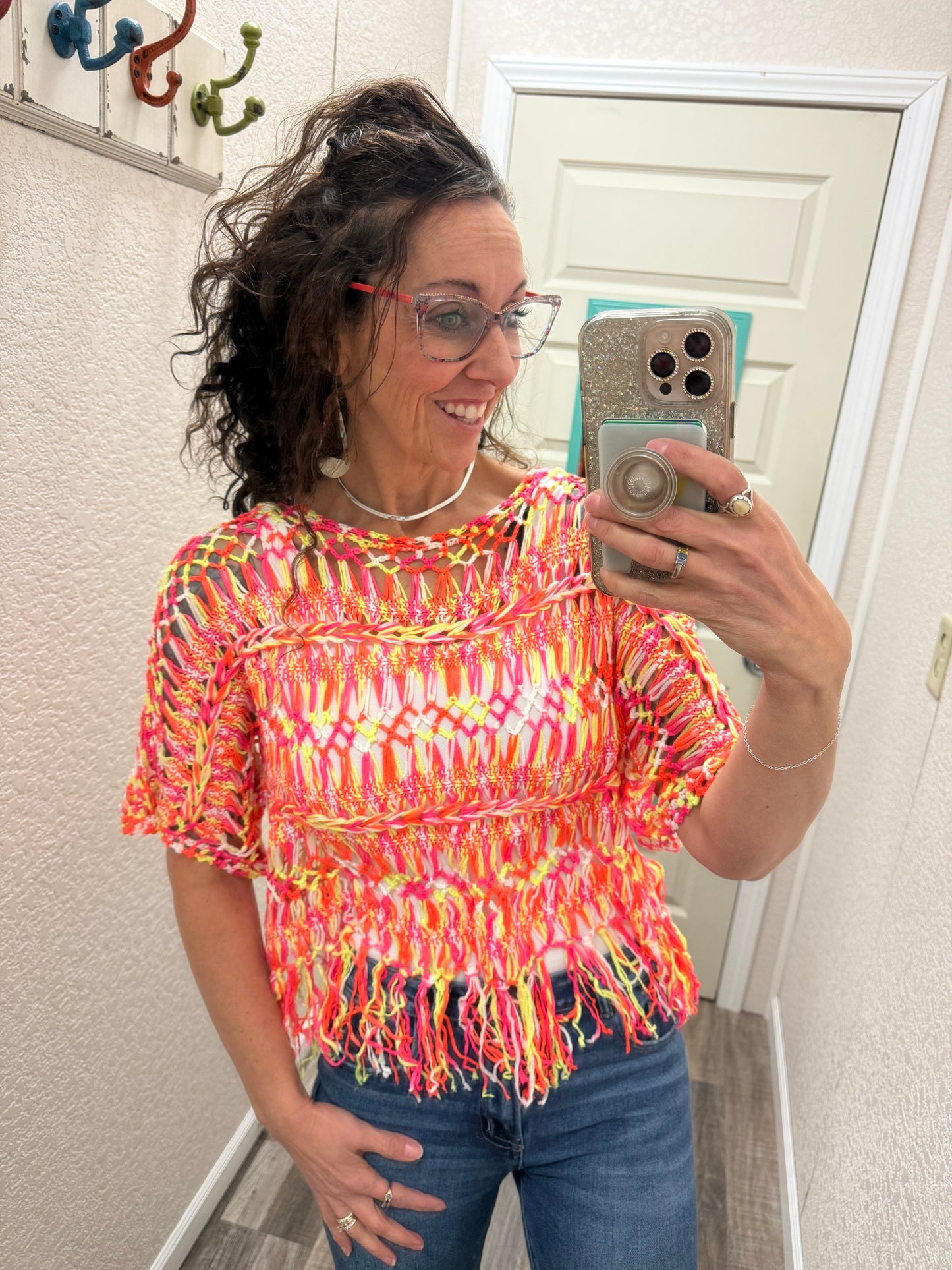 Nadia Neon Fringe Open Knit Top