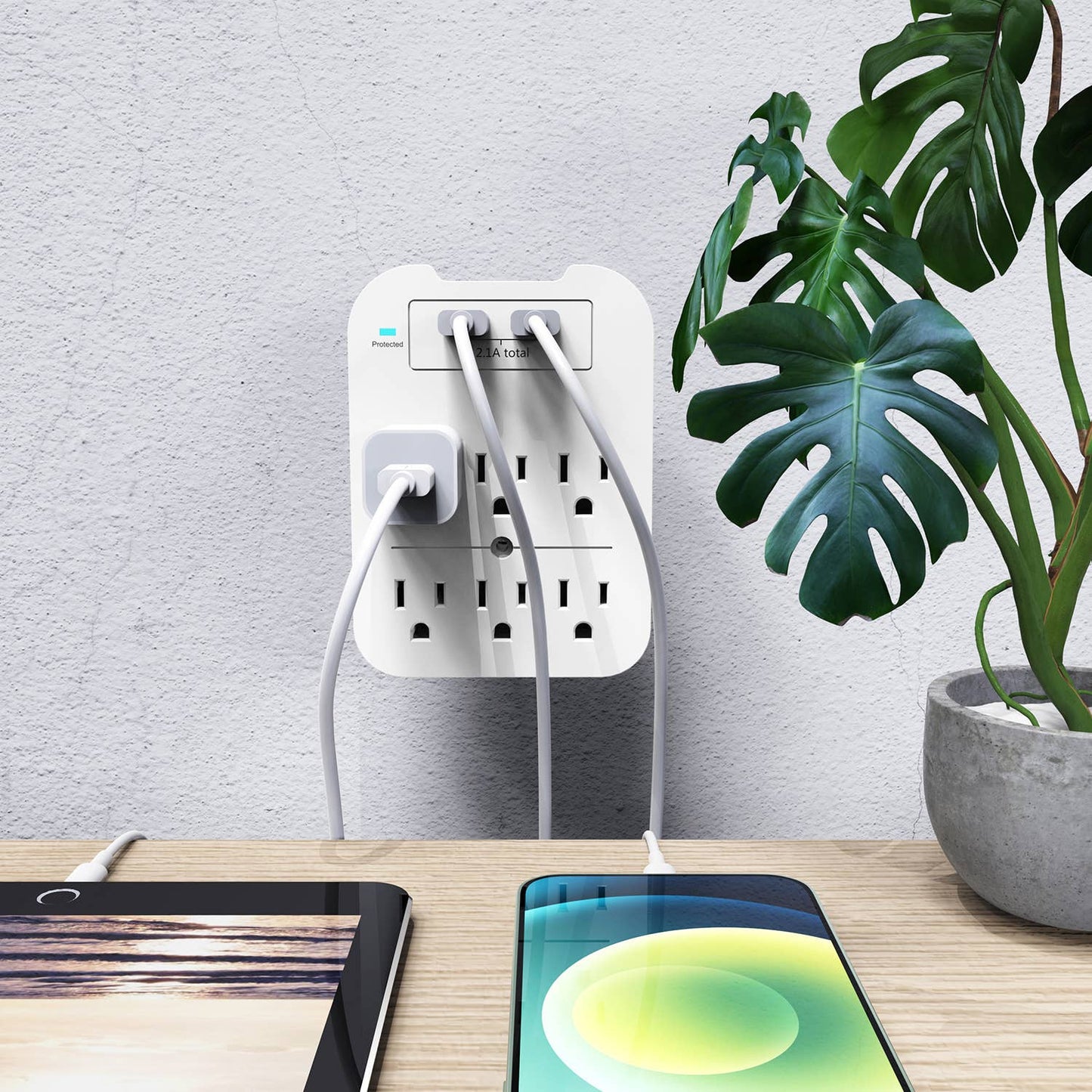 White Charge Surge Protector, 6 Outlets/2 USB Ports