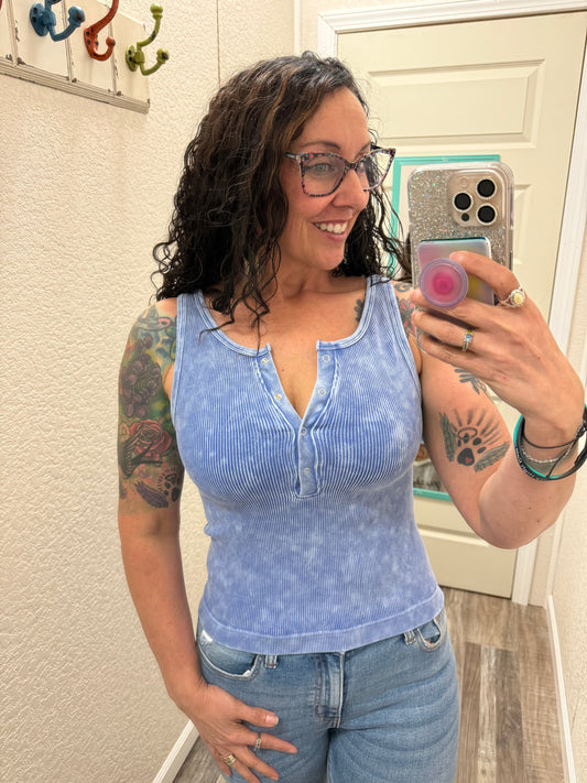 Lt Indigo - The Viral Snow Washed Button Front Tank