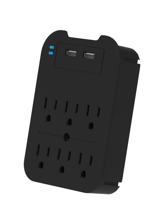 Black Charge Surge Protector, 6 Outlets/2 USB Ports