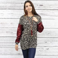 Leopard with Sequin Long Sleeve Top - Leopard & Red