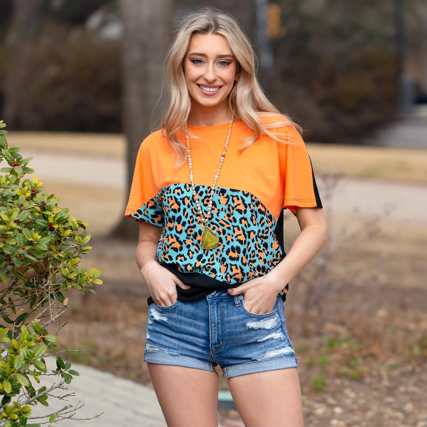 Tri Color Half Sleeve Top With Leopard Print