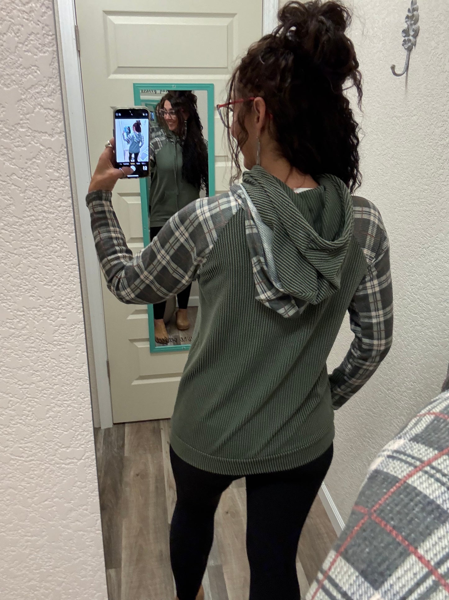 Holly Olive Corded PLAID CONTRAST DRAWSTRING HOODIE With Thumbholes