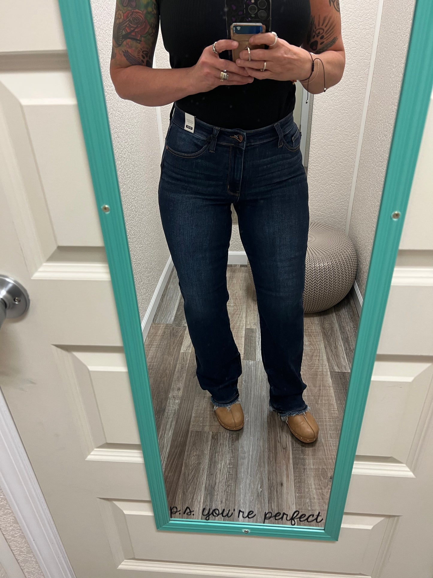 Cecelia Judy Blue Mid Rise Fray Hem Straight Leg Jeans