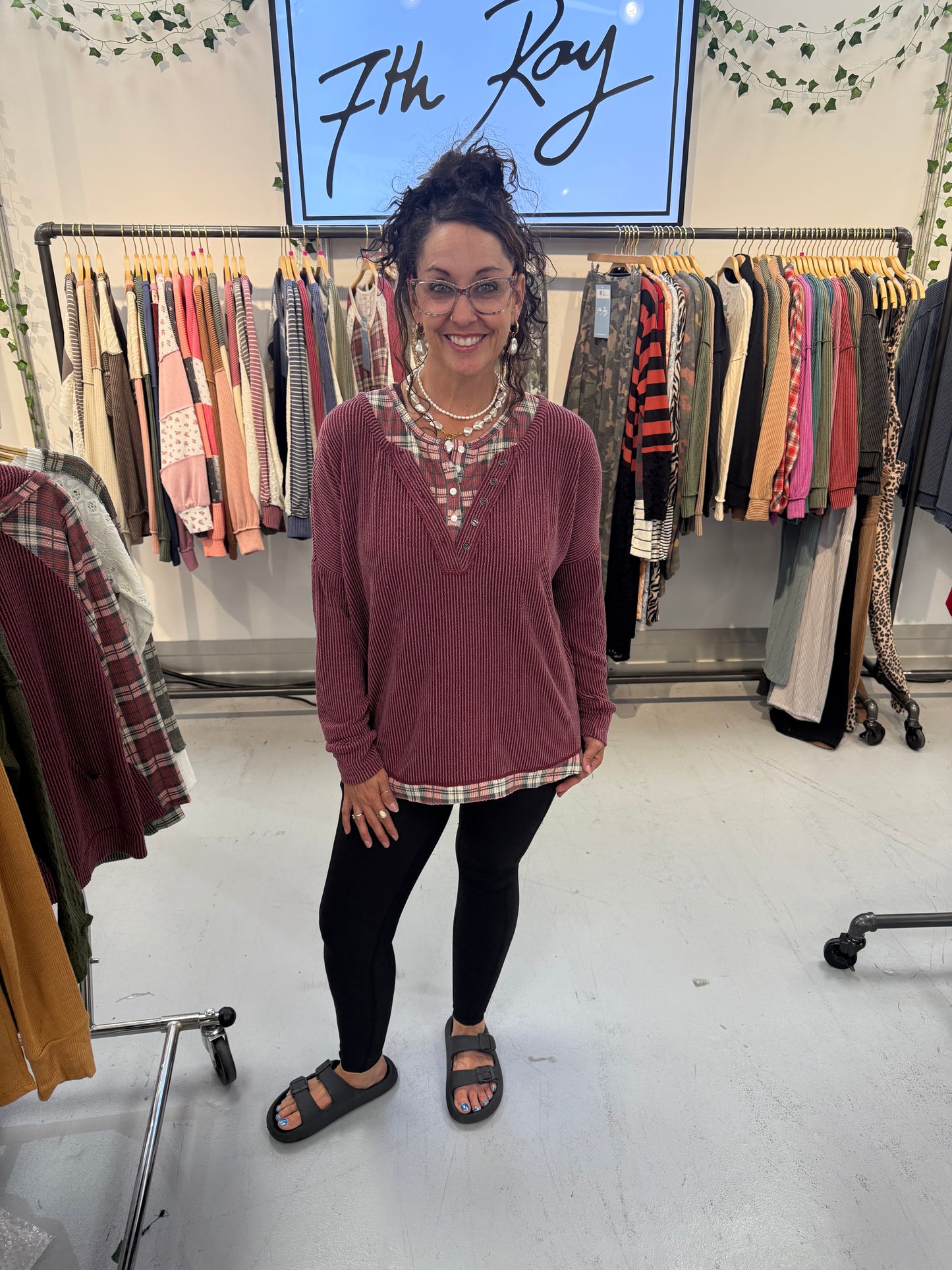 Harriet Burgundy Corded KNIT HENLEY TOP WITH PLAID CONTRAST TRIM