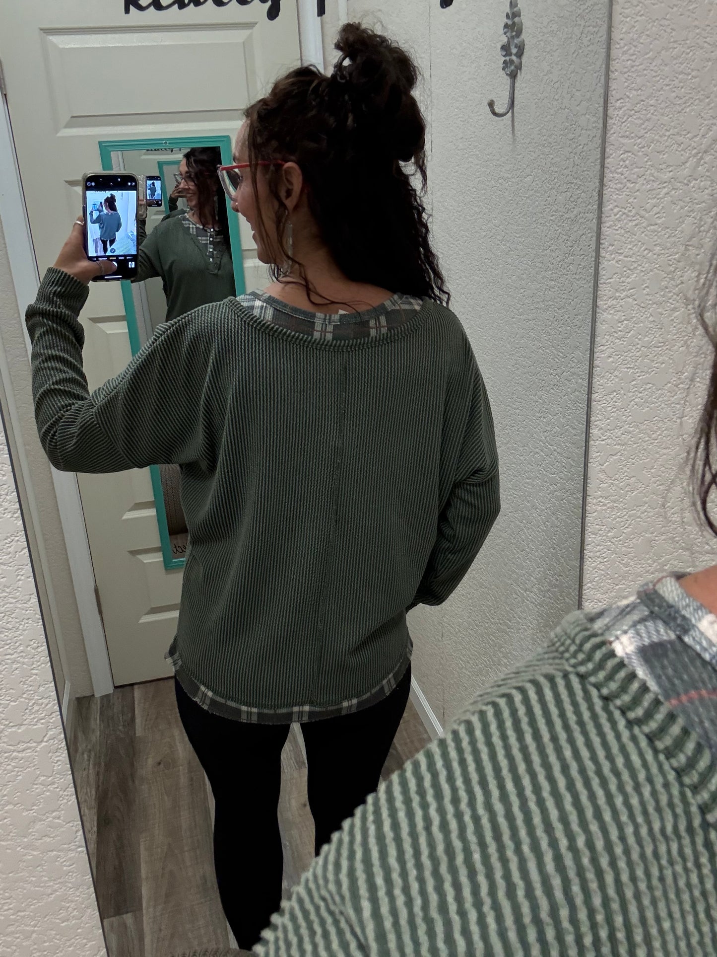 Harriet Olive Corded KNIT HENLEY TOP WITH PLAID CONTRAST TRIM