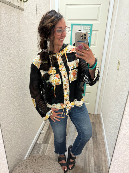 Lena Black Vintage Floral Patchwork Crochet Jacket
