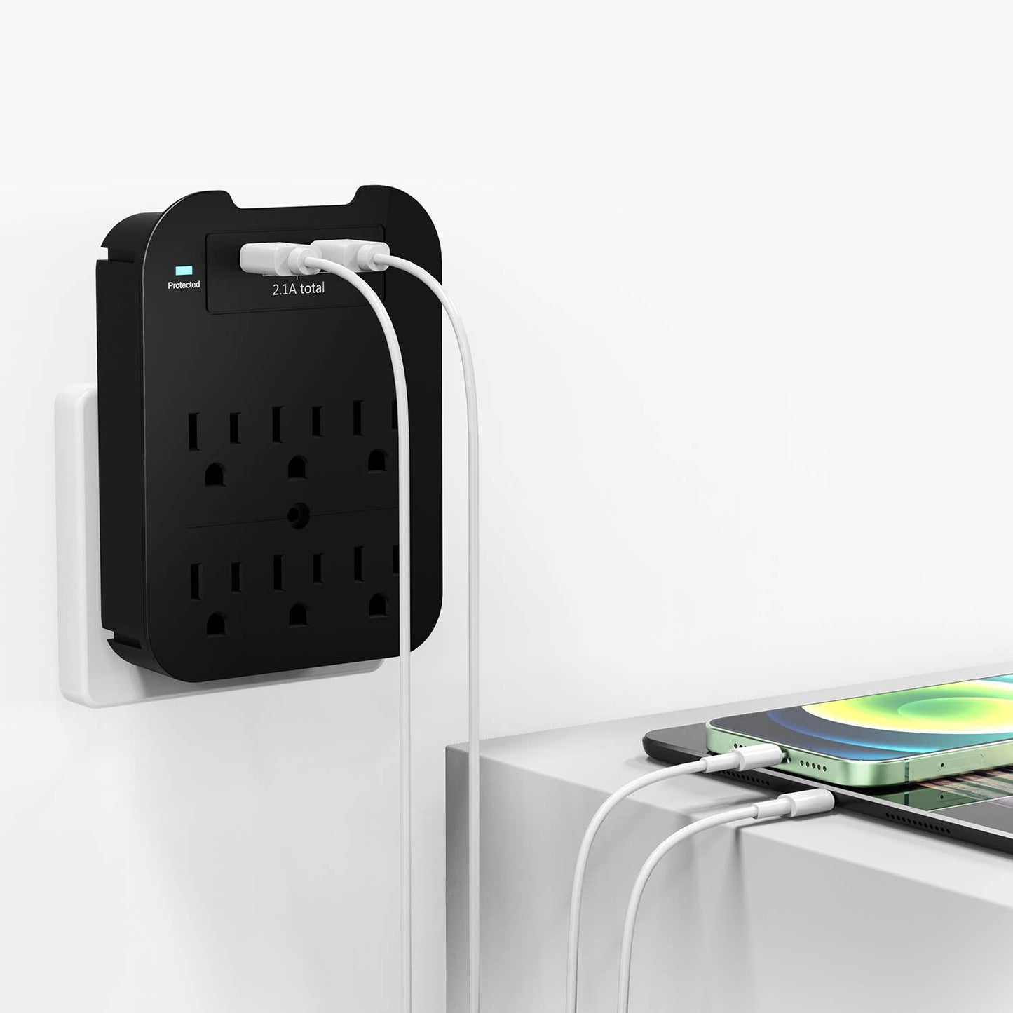 Black Charge Surge Protector, 6 Outlets/2 USB Ports