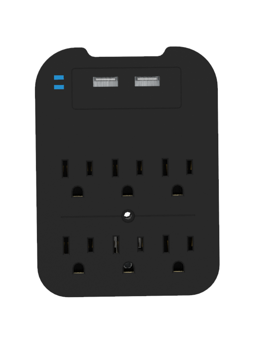 Black Charge Surge Protector, 6 Outlets/2 USB Ports