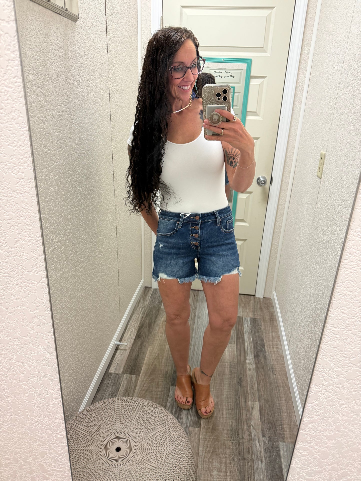 Carrie Risen Mid Rise Button Down Shorts Dark Wash