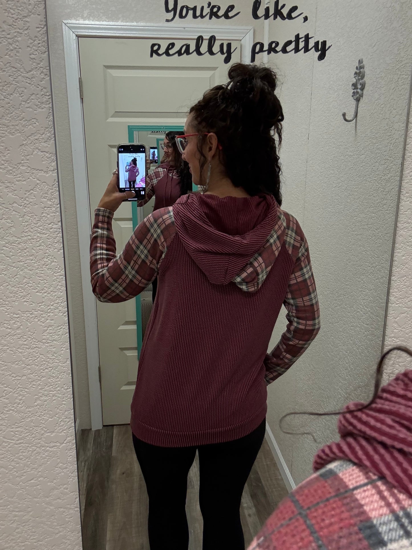 Holly Burgundy Corded PLAID CONTRAST DRAWSTRING HOODIE With Thumbholes