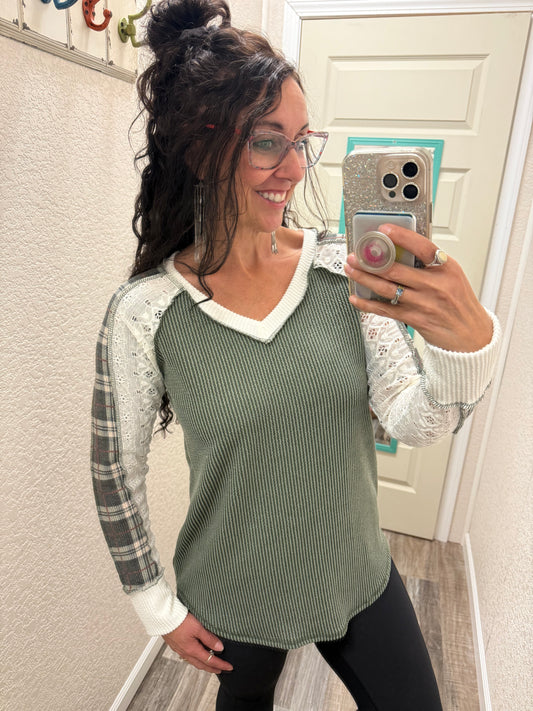 Lia Olive PLAID CONTRAST V NECK Lace LONG SLEEVE TOP
