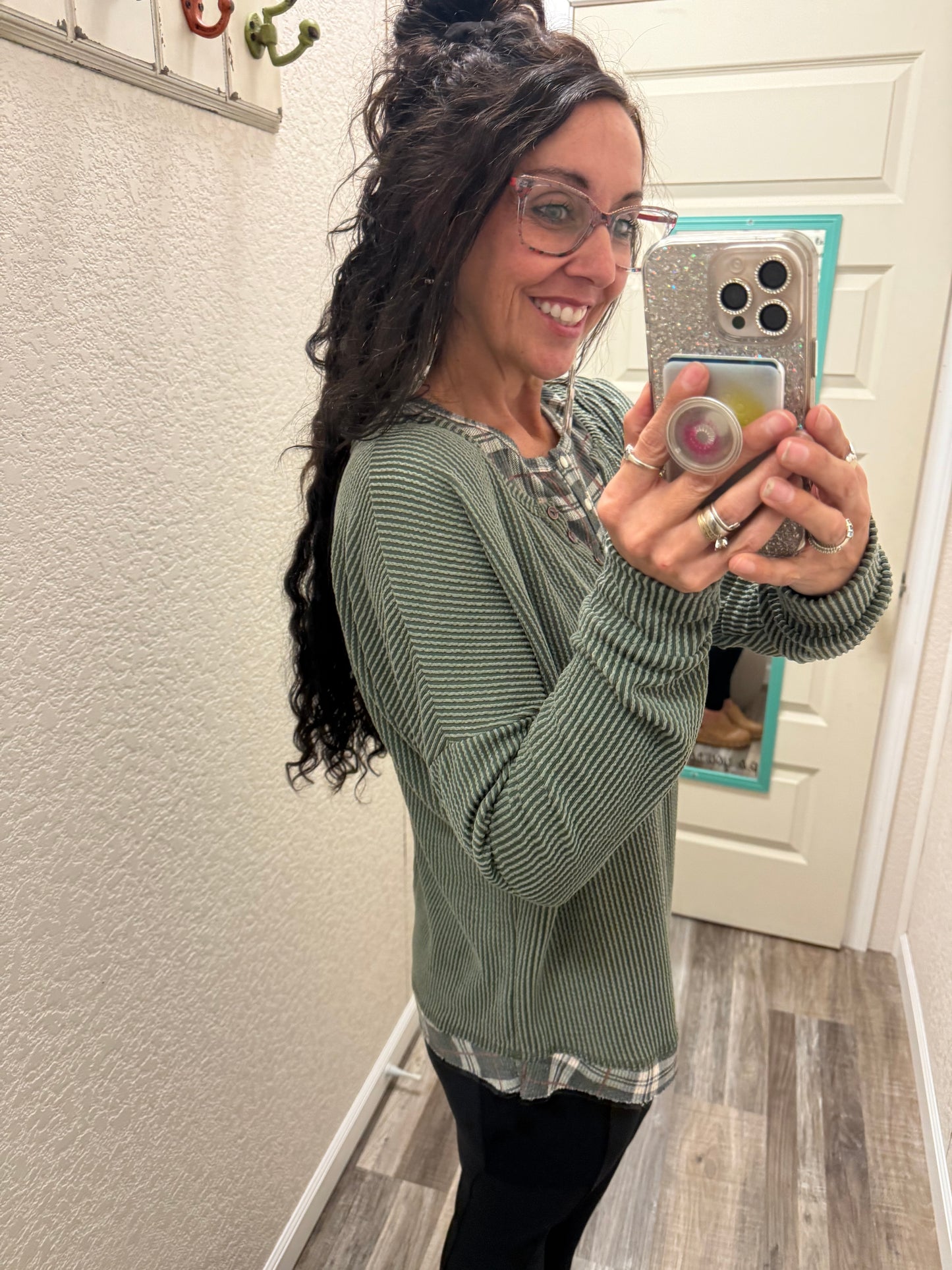 Harriet Olive Corded KNIT HENLEY TOP WITH PLAID CONTRAST TRIM