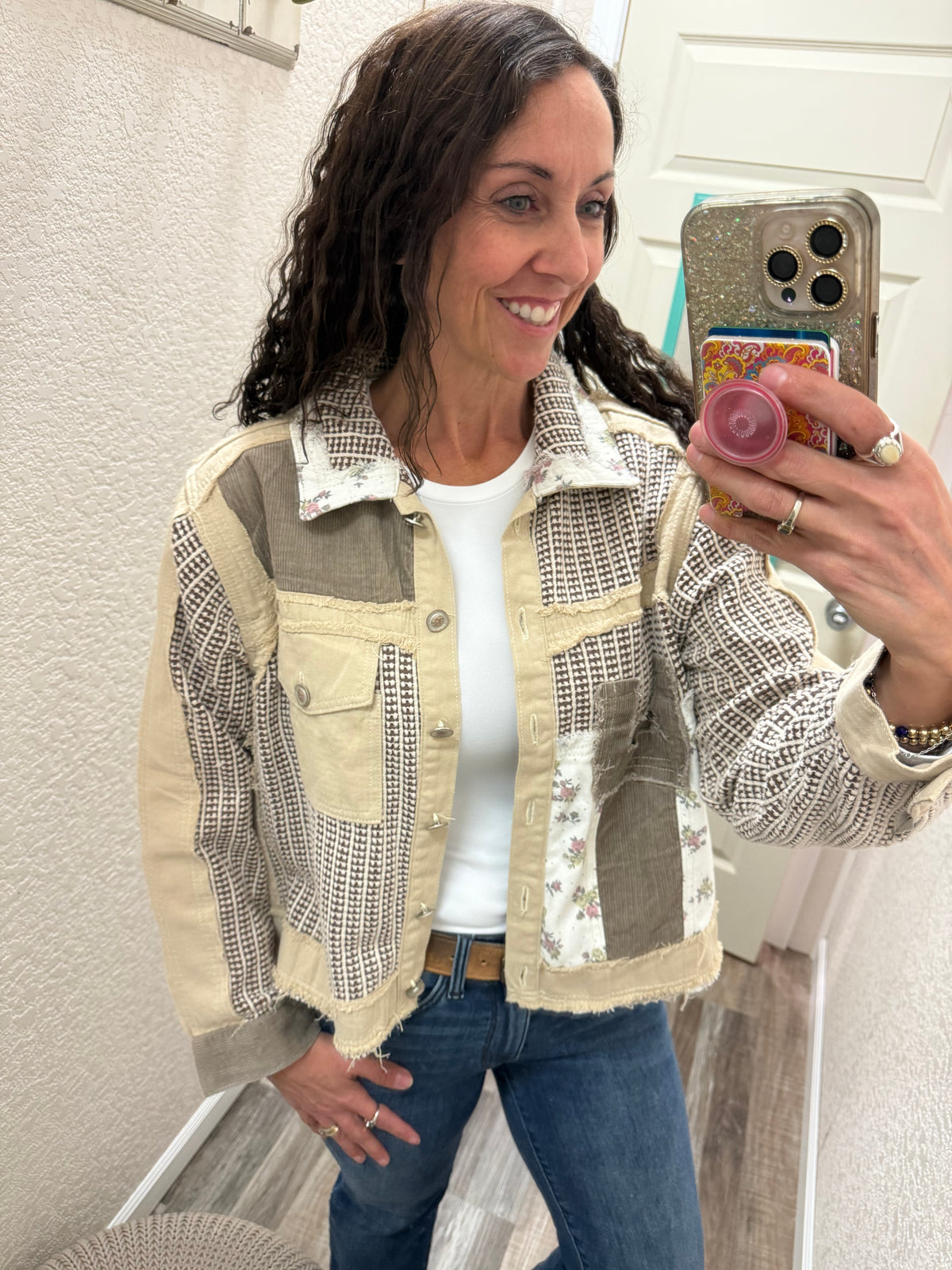 Vintage Patchwork Floral Geometric Neutral Cropped Jacket