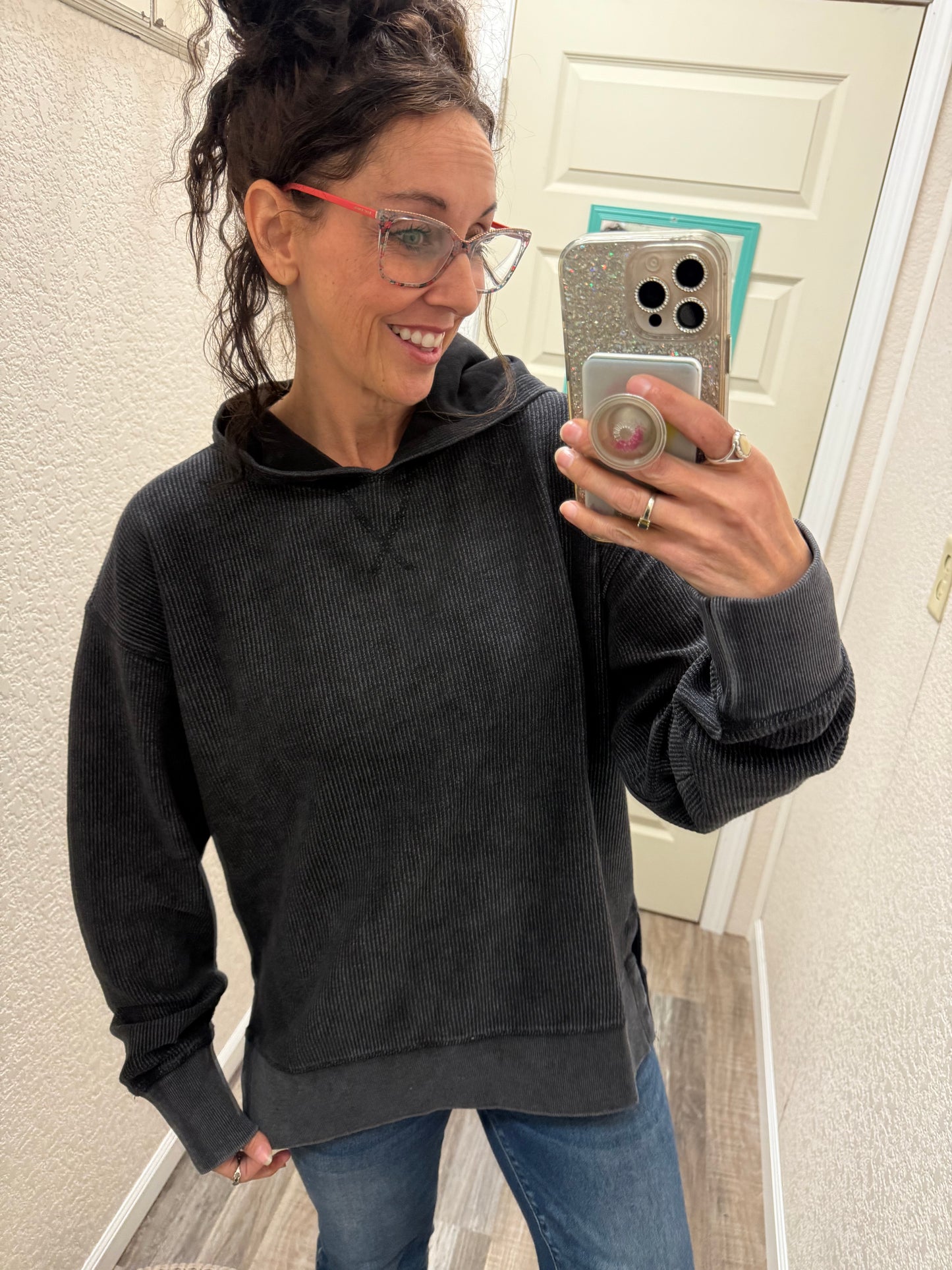 Washed Black Corded Hoodie