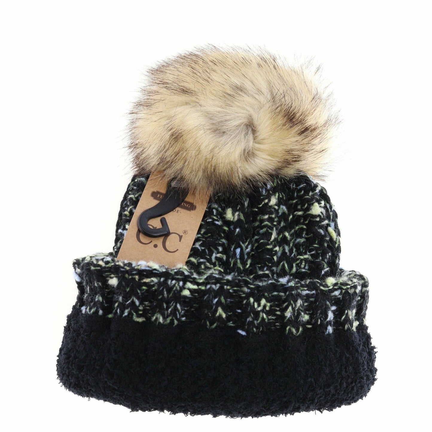 Fuzzy Lined Confetti Knit Fur Pom CC Beanie