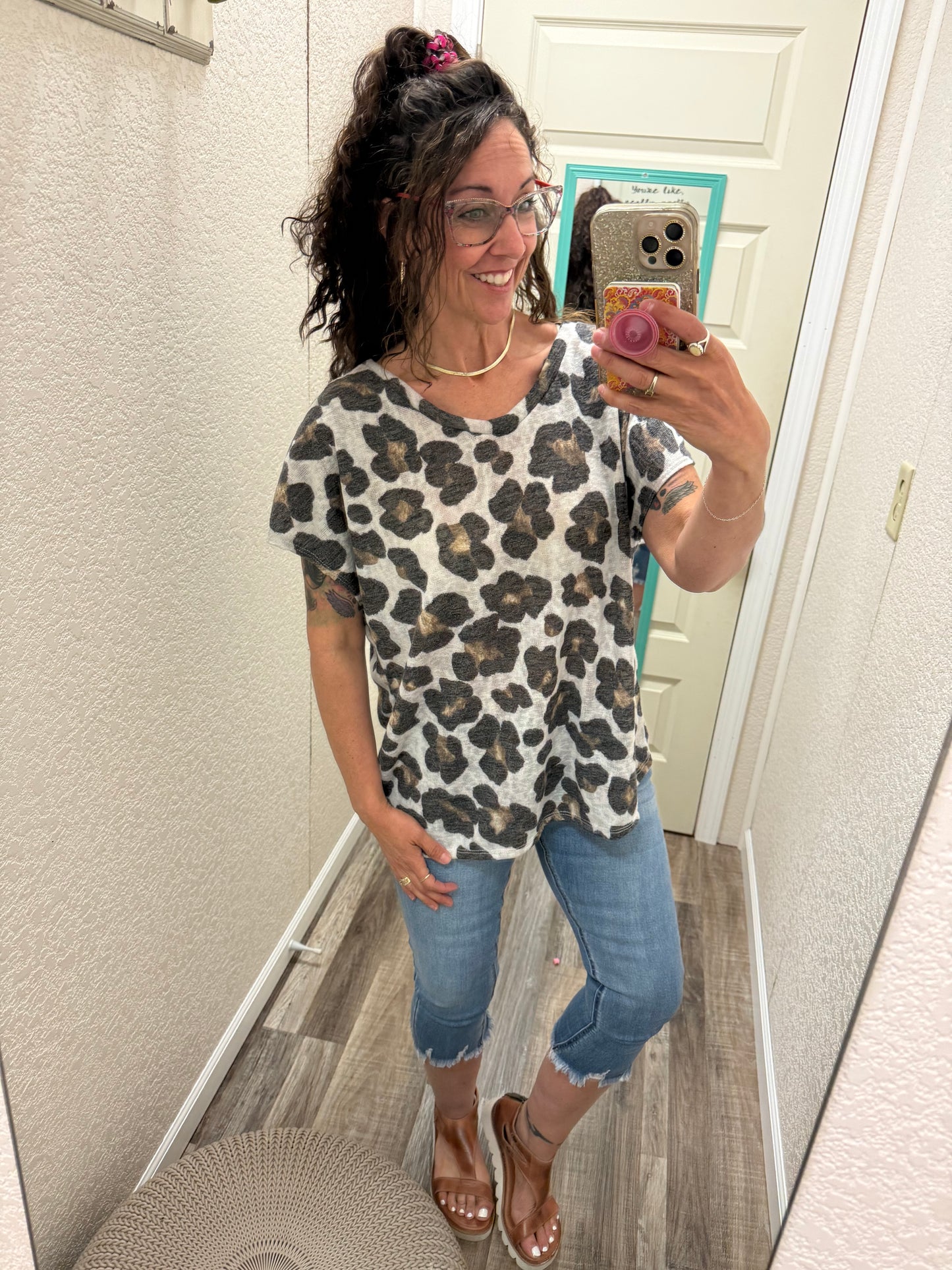 Cheetah V-Neck Banded Cap Sleeve Top