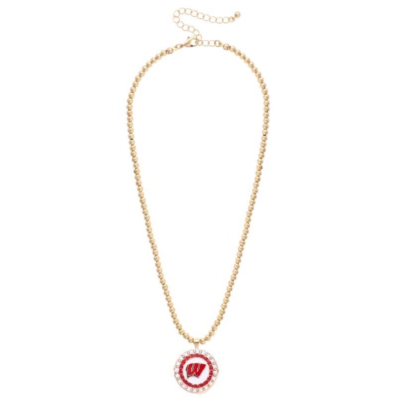 Wisconsin Badgers Pave Disc Necklace in Shiny Gold