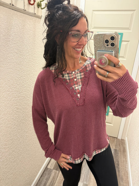 Harriet Burgundy Corded KNIT HENLEY TOP WITH PLAID CONTRAST TRIM