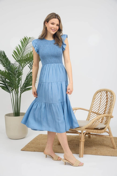 Shayla Chambray Smocked Ruffle Sleeve Midi Dress