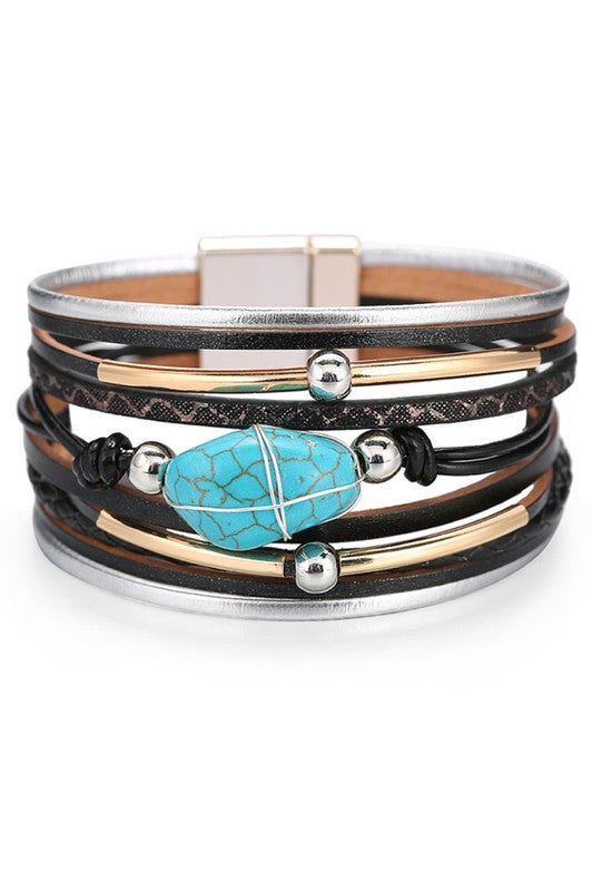 Black, turquoise, natural, leather, multi strand bracelet