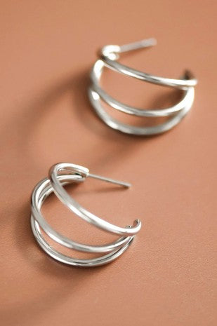 Triple hoop silver non-tarnish earrings