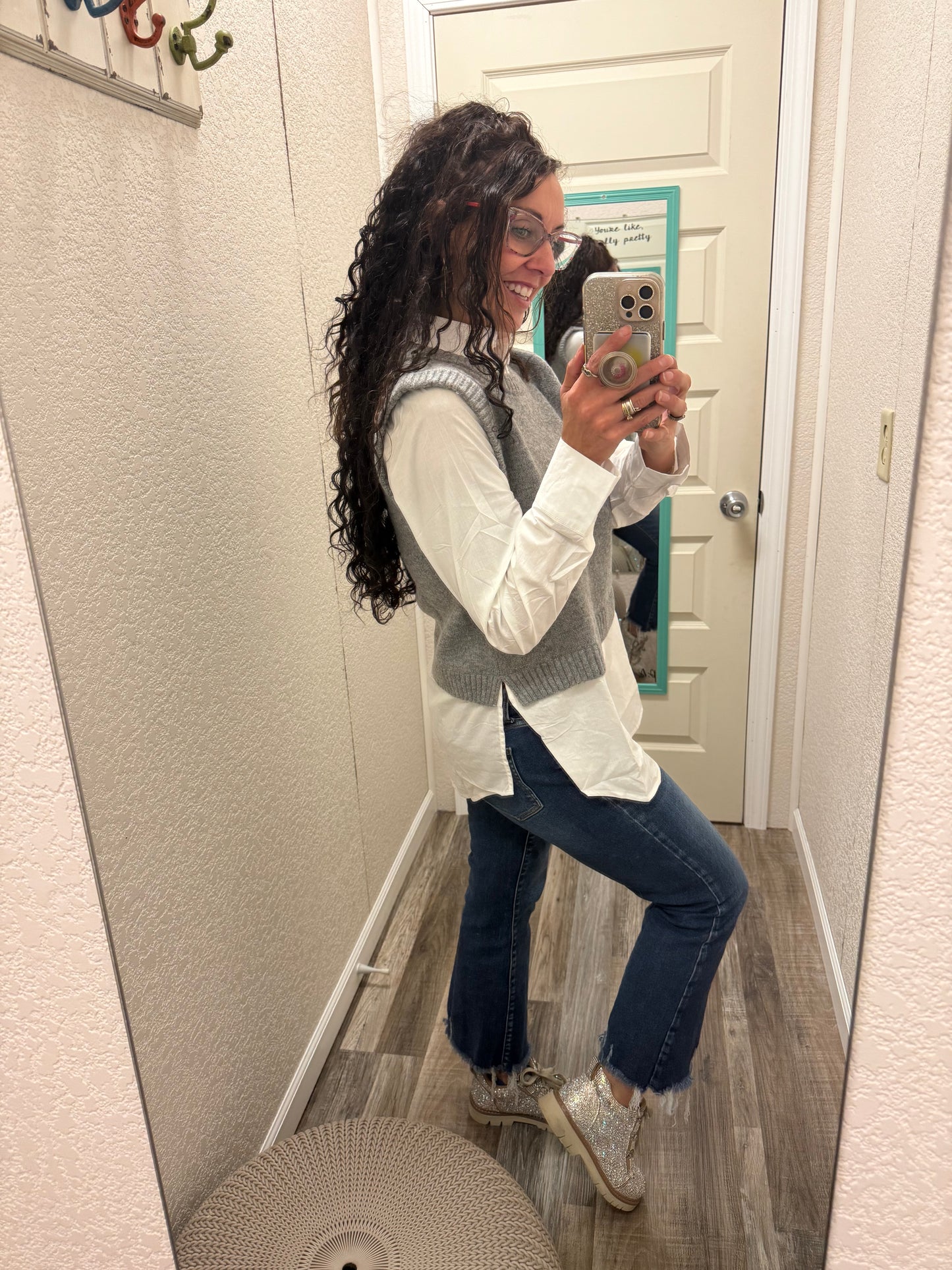 Cher Sweater Vest With Stretchy White Button Down Combo