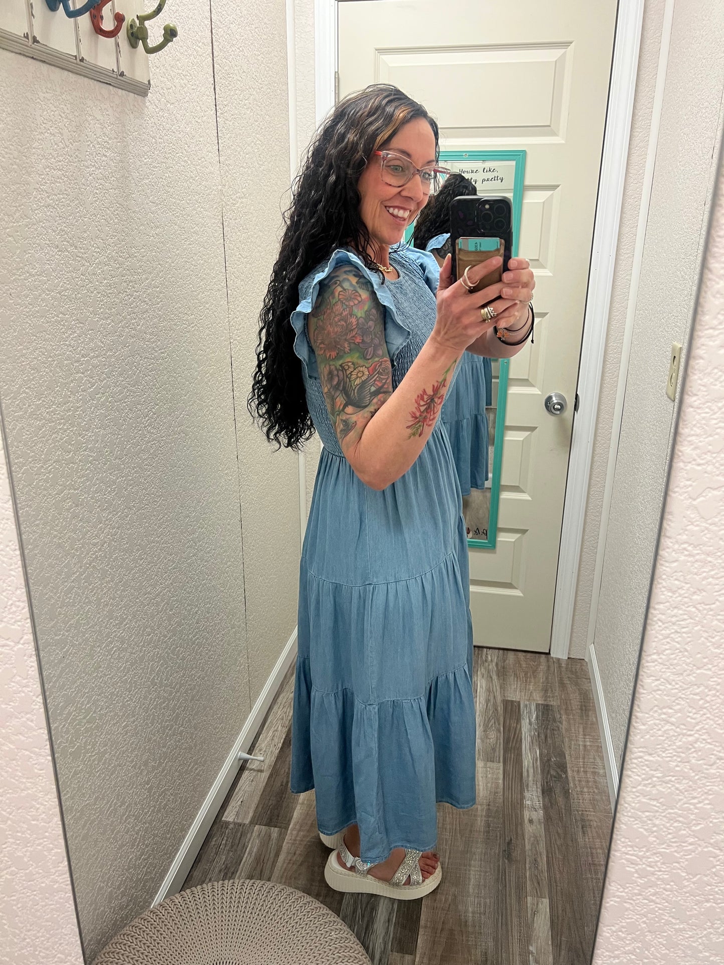 Shayla Chambray Smocked Ruffle Sleeve Midi Dress