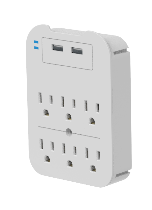 Black Charge Surge Protector, 6 Outlets/2 USB Ports