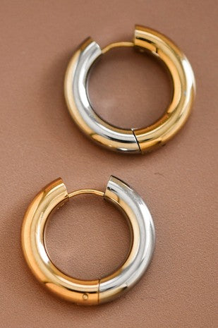Two tone, silver, and gold hoop non-tarnish earrings