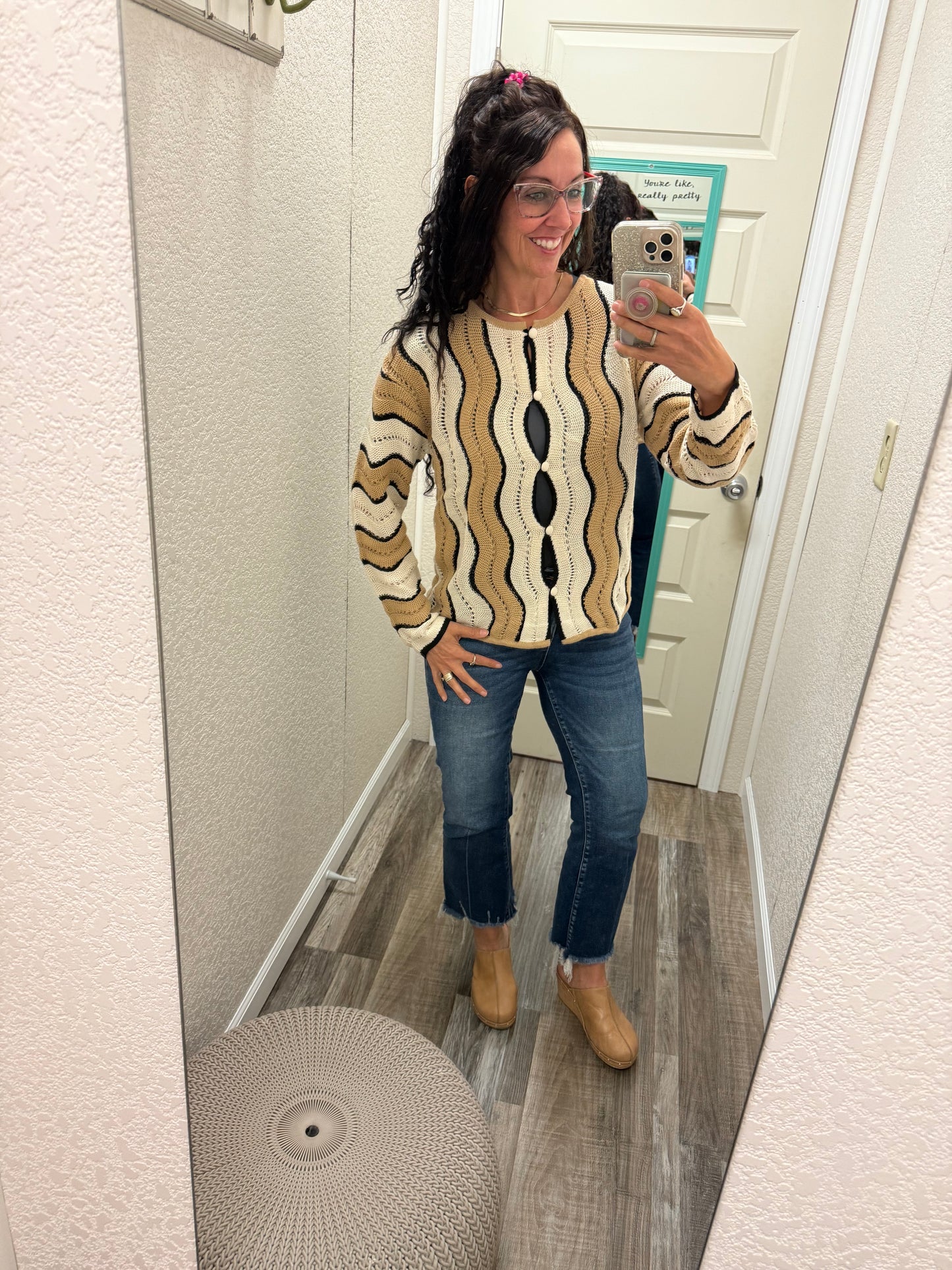 Wave On Pointelle Wavy Striped Knit Button Down Cardigan