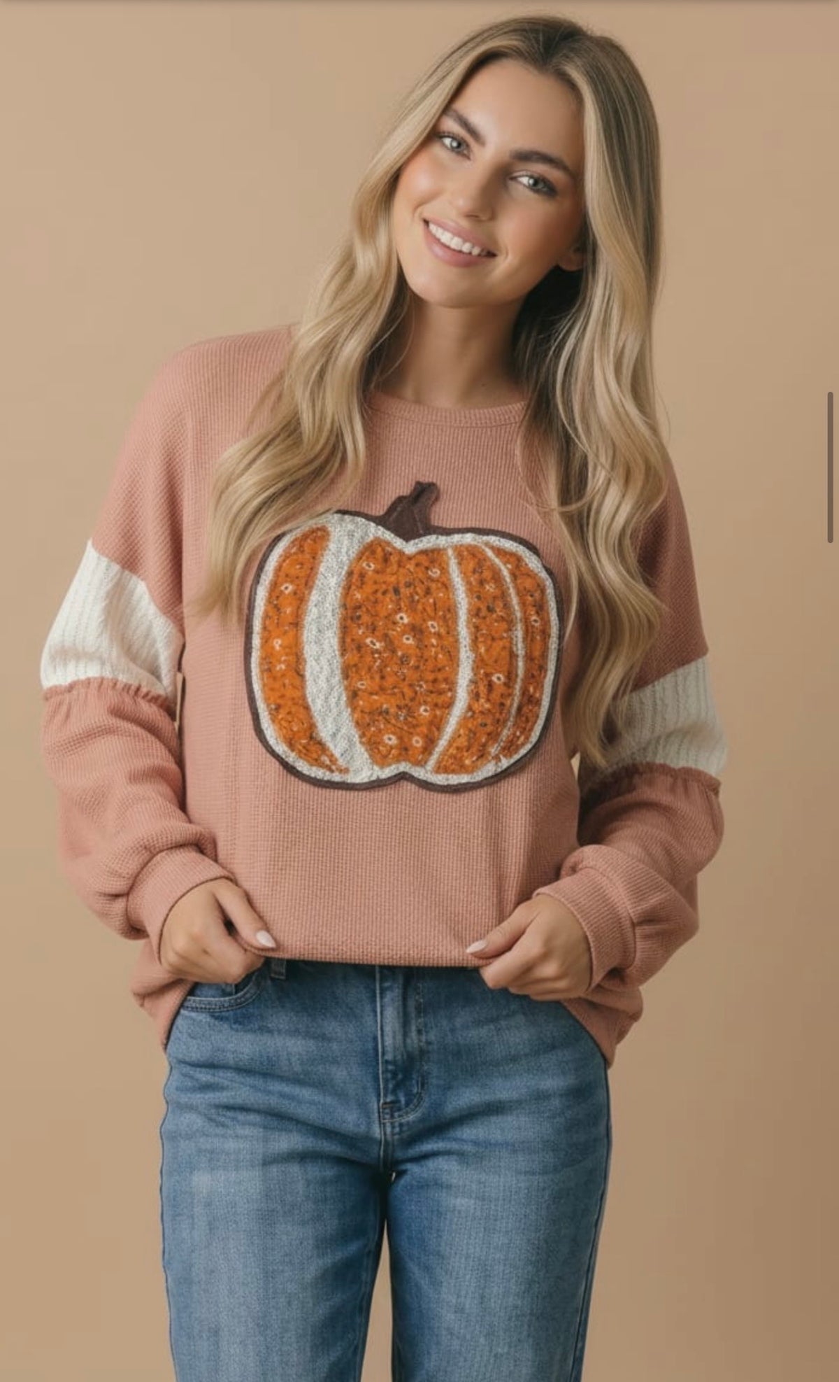 Pumpkins Round Neck Drop Shoulder Lace Detail Sleeve Top