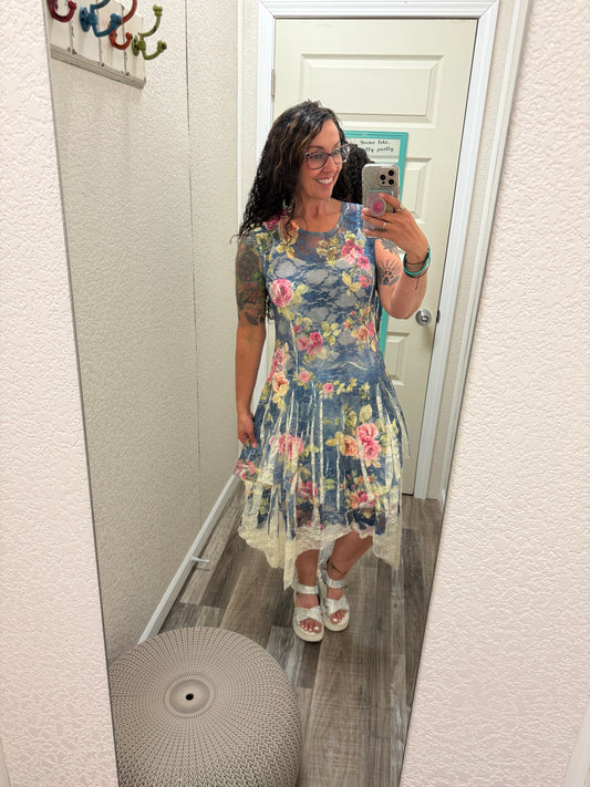 Lucille Denim Roses Showstopper ALL LACE LAYERED DRESS WITH Slip