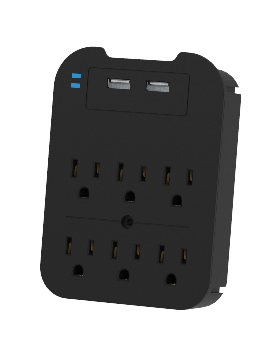 Black Charge Surge Protector, 6 Outlets/2 USB Ports