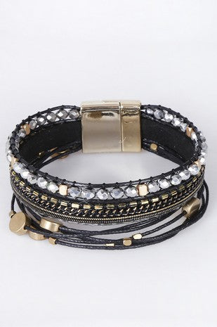Black wrap style natural leather, multi strand bracelet