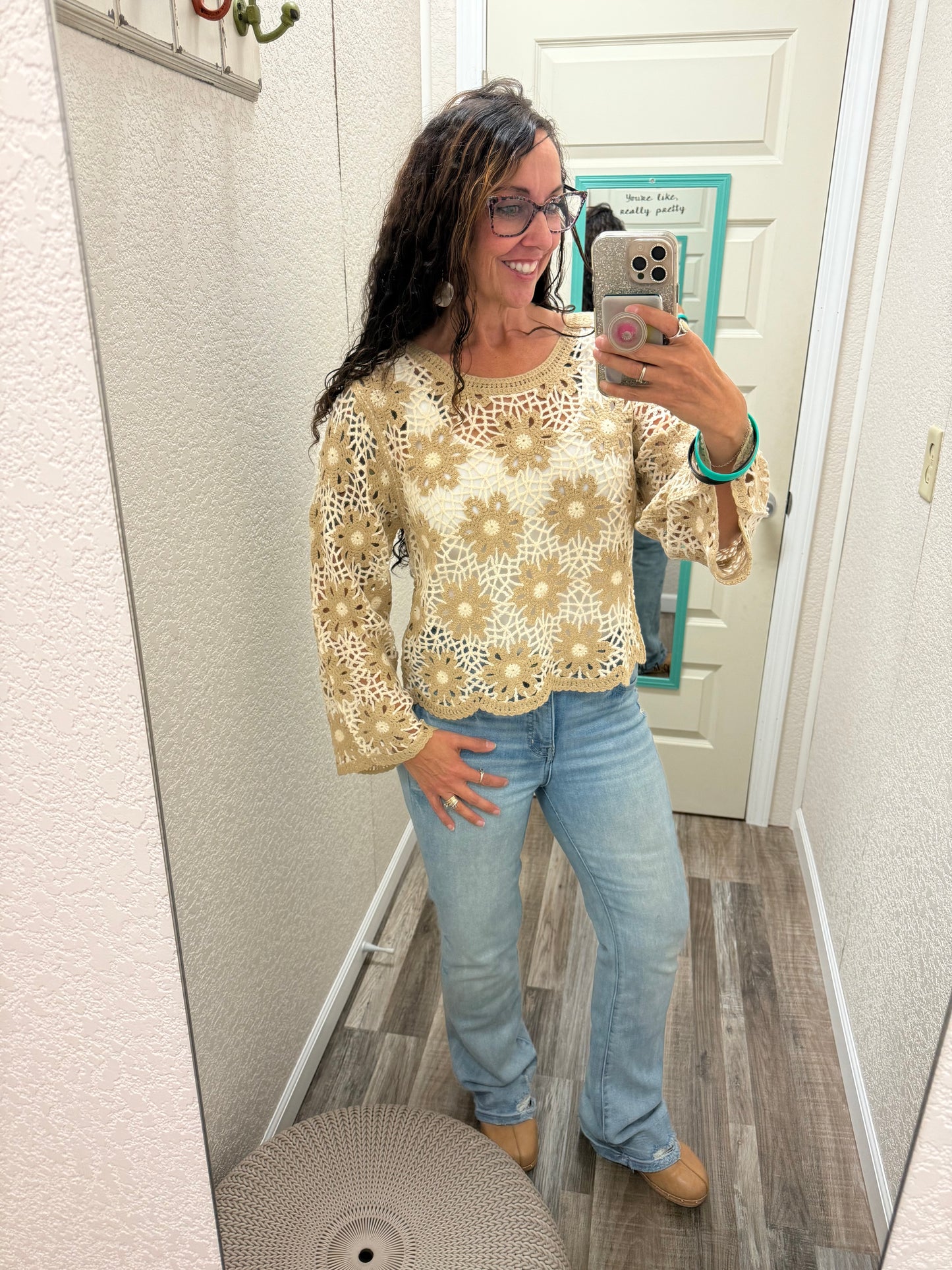 Latte Floral Crochet Knit Top