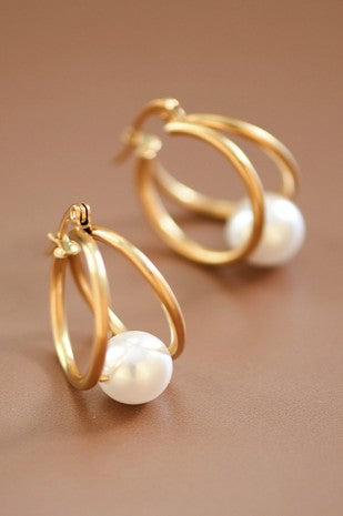 Pearl Gold 18k hoop non-tarnish earrings