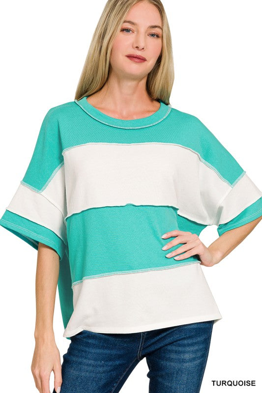 Terry Color Block Exposed Seam Short Sleeve Top