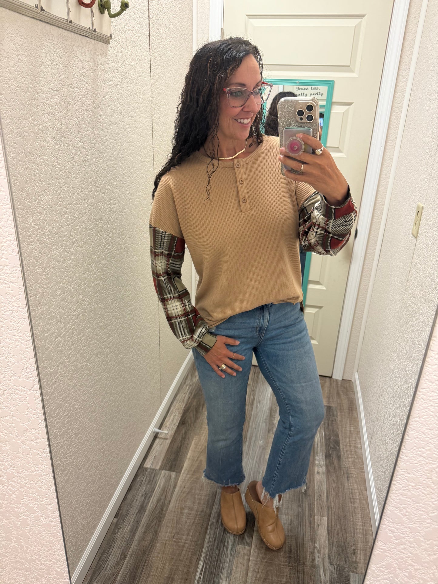 Patsy Plaid Sleeve Long Sleeve Henley Top
