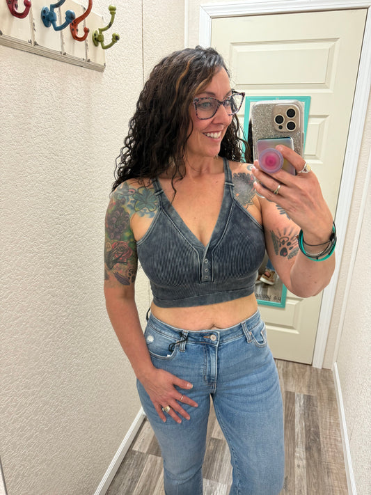 Ash Black - The Viral Washed Ribbed Seamless Button V-neck Tank Top