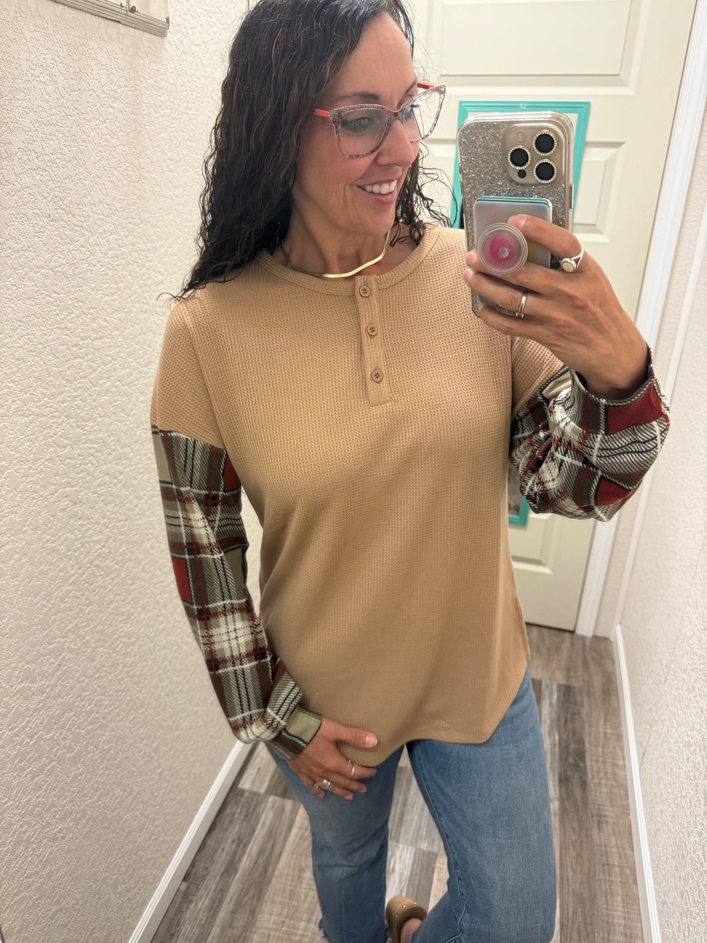 Patsy Plaid Sleeve Long Sleeve Henley Top