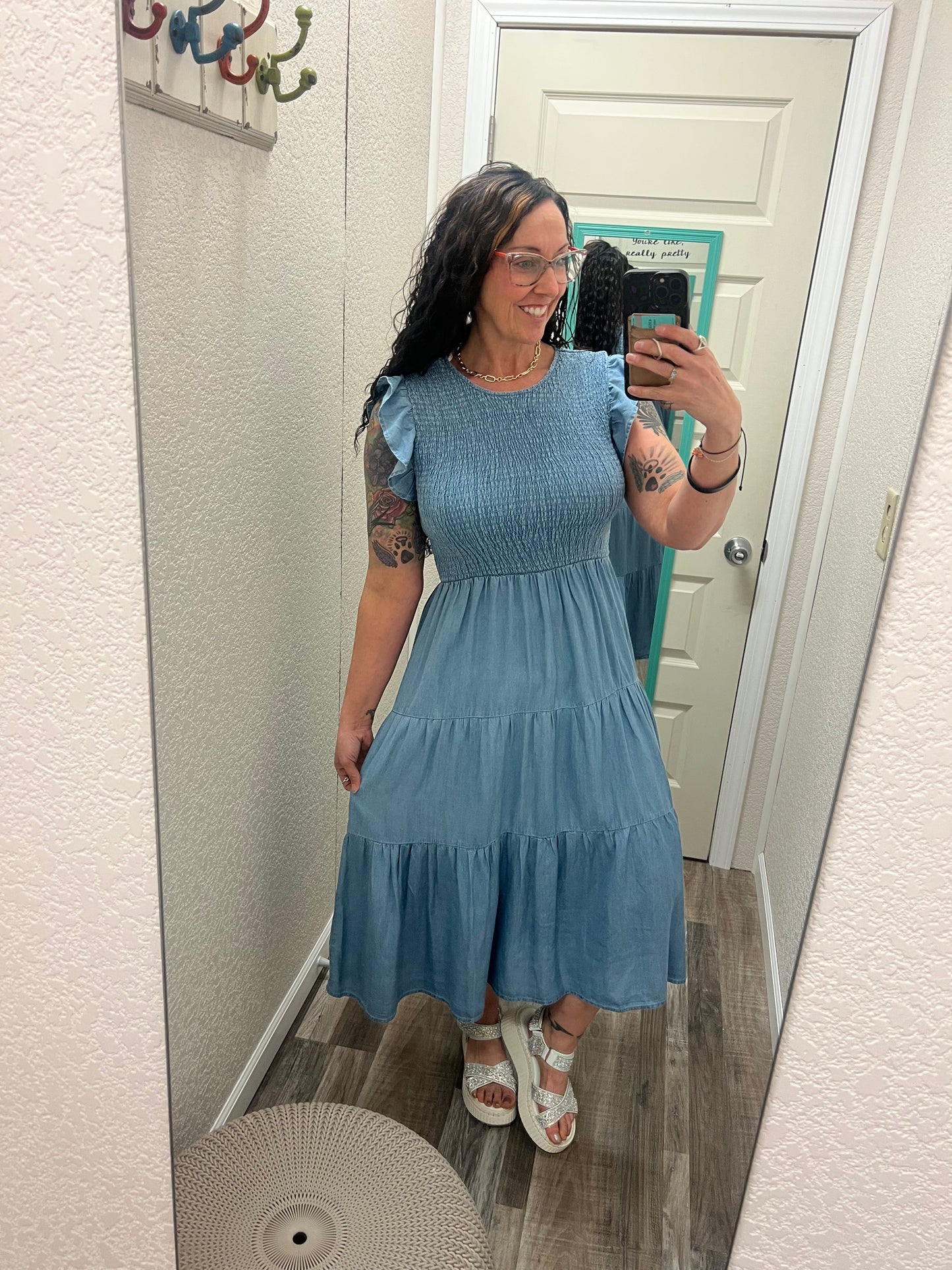 Shayla Chambray Smocked Ruffle Sleeve Midi Dress