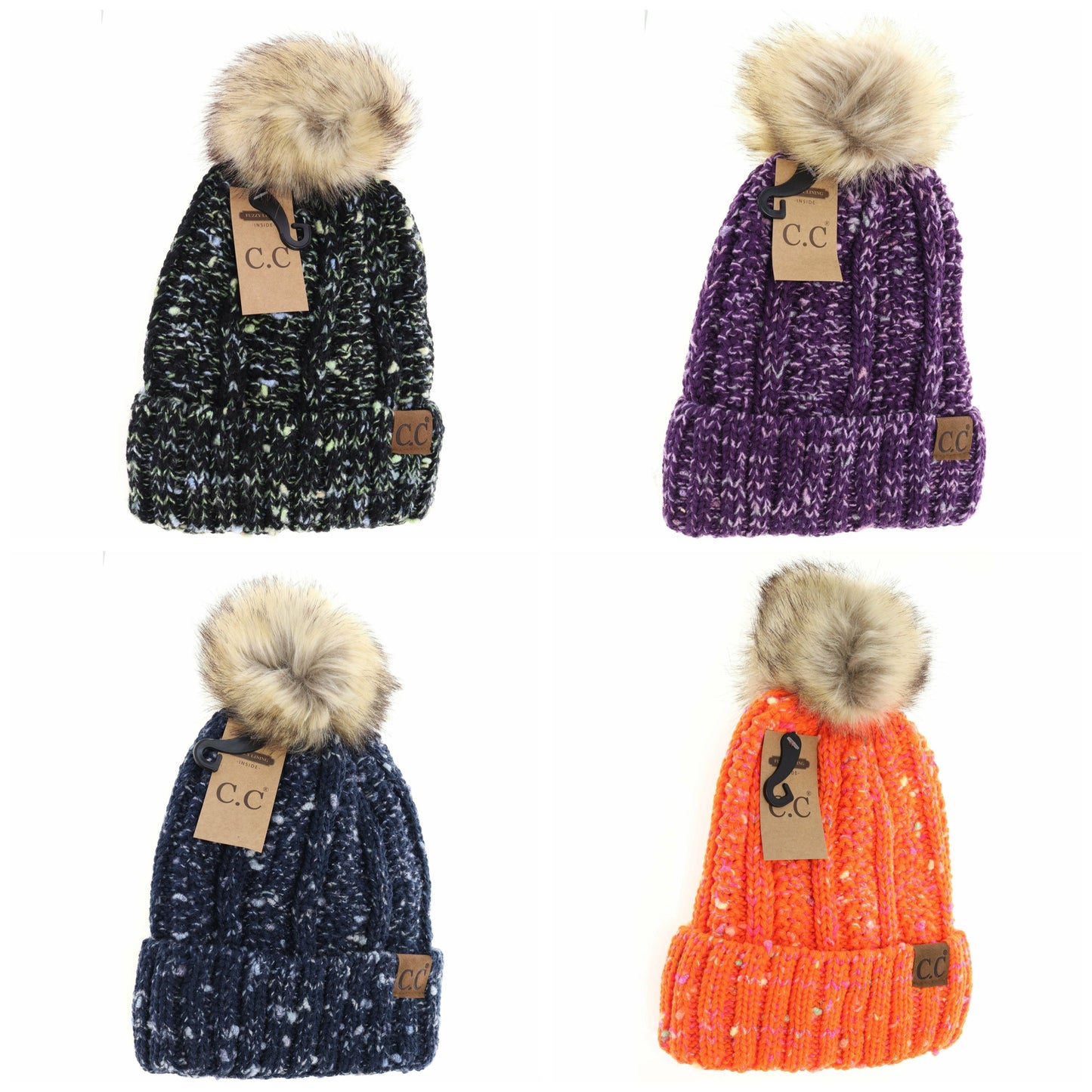 Fuzzy Lined Confetti Knit Fur Pom CC Beanie