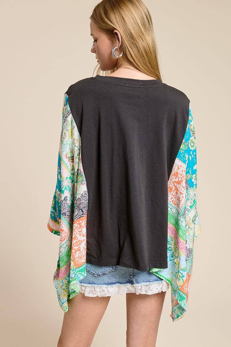Floral Peace Boho Graphic Rustic Sheer Sleeves Kaftan Top: BLACK