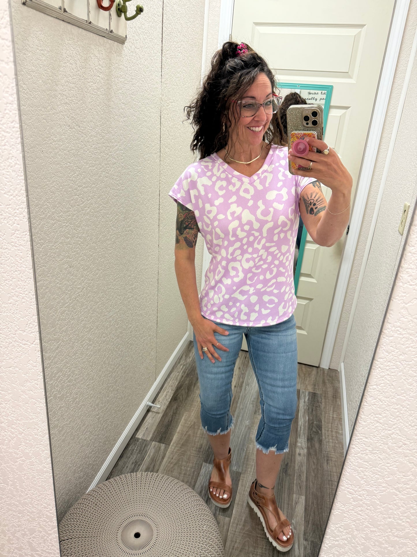 Purple Cheetah V-Neck Banded Cap Sleeve Top