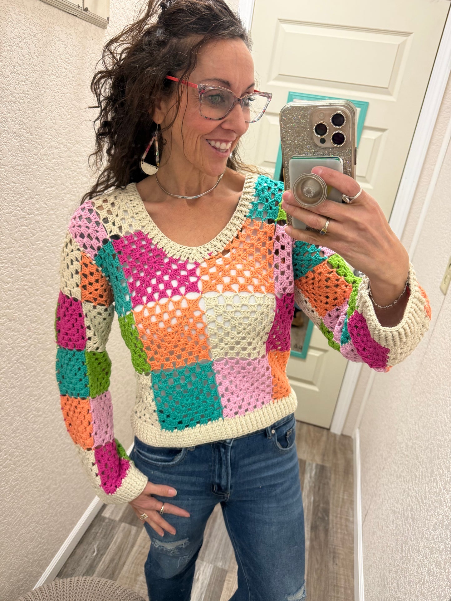 Mia Multi Color Checker Open Knit Top