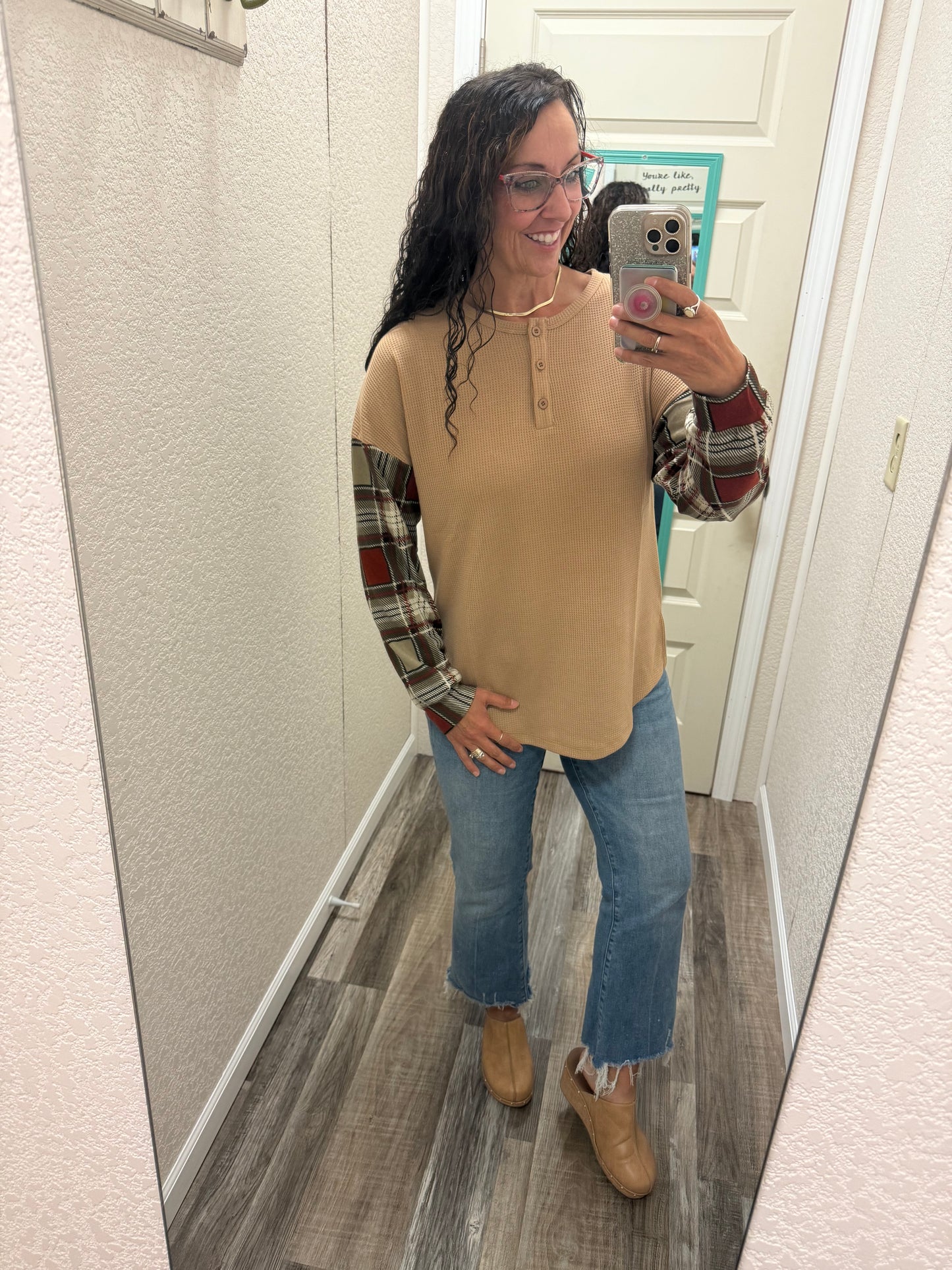 Patsy Plaid Sleeve Long Sleeve Henley Top