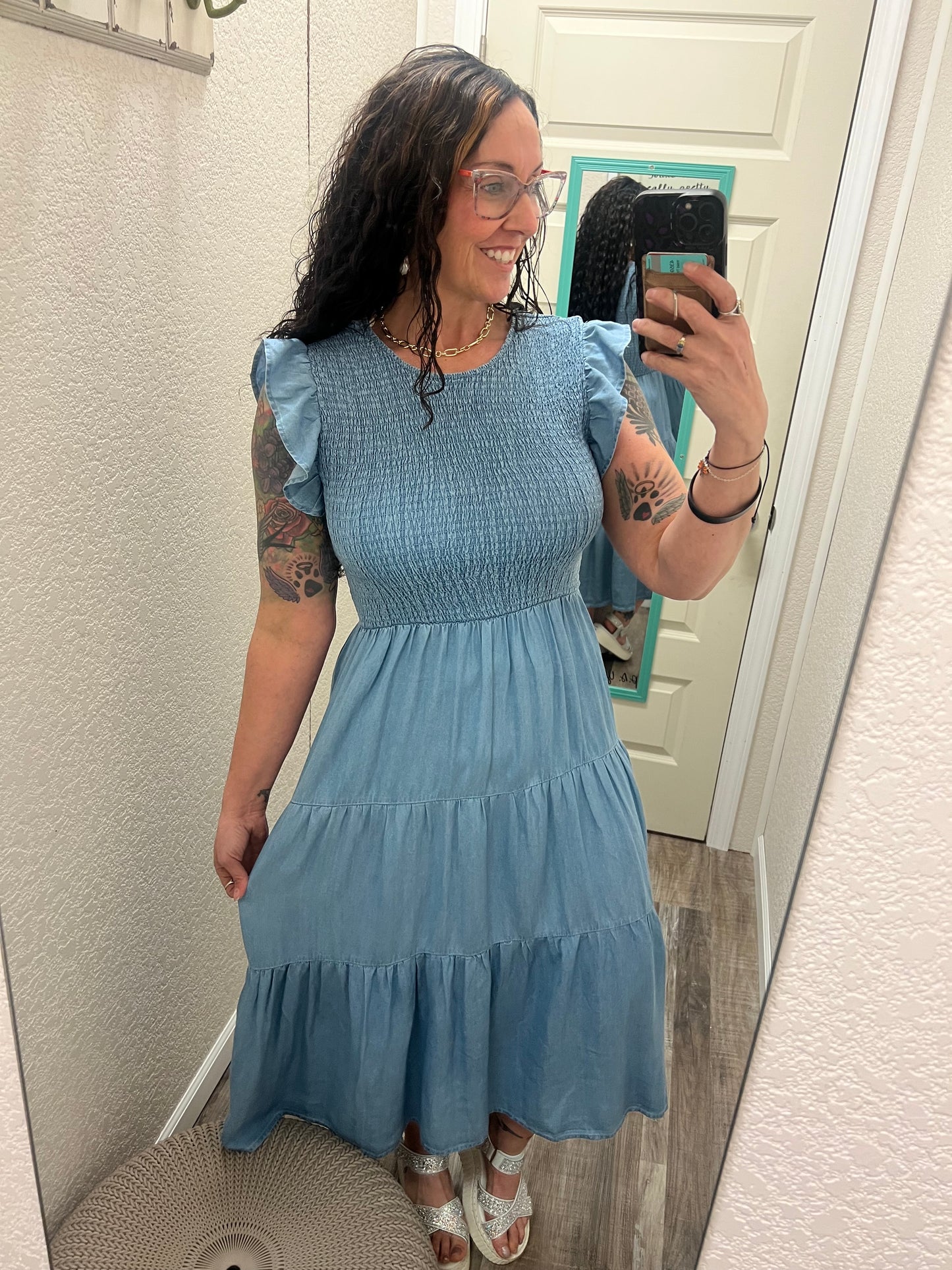 Shayla Chambray Smocked Ruffle Sleeve Midi Dress