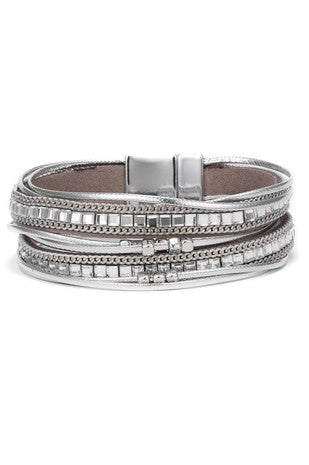 Gray wrap style natural leather, multi strand bracelet